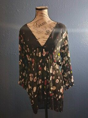 Charlotte Russe Womens Black Semi Sheer Mix Media Flowy Blouse L
